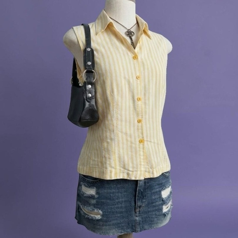 Butter Yellow Top Striped 100% Silk Sleeveless Button Down Top‎ Size 6 Small